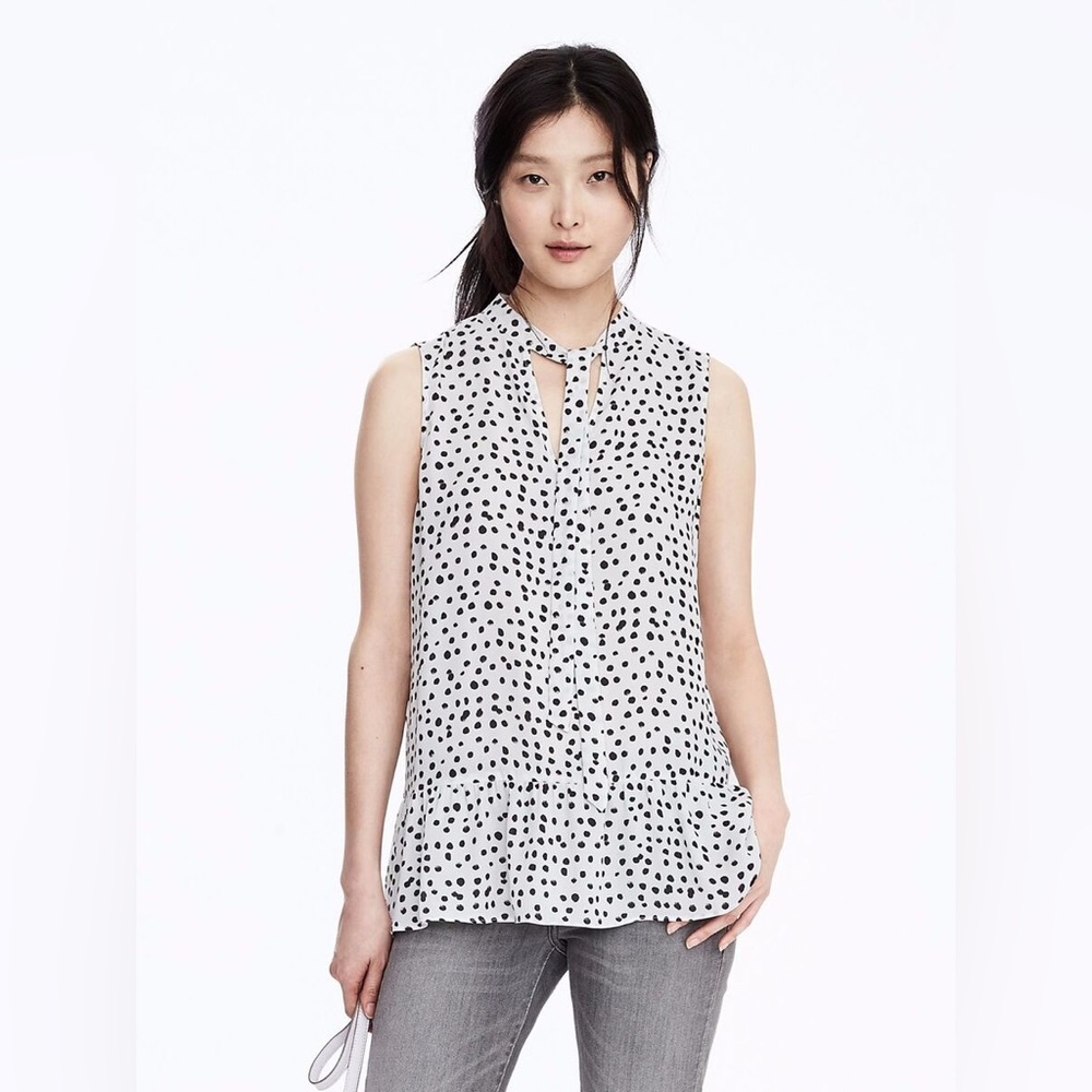 Banana Republic Dot Print Tie-Neck Peplum Sleeveless Blouse